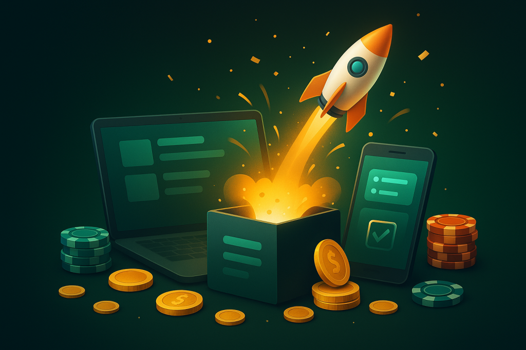 Foguete decolando atrás de laptop e smartphone com lista de cassinos, representando novos cassinos online.