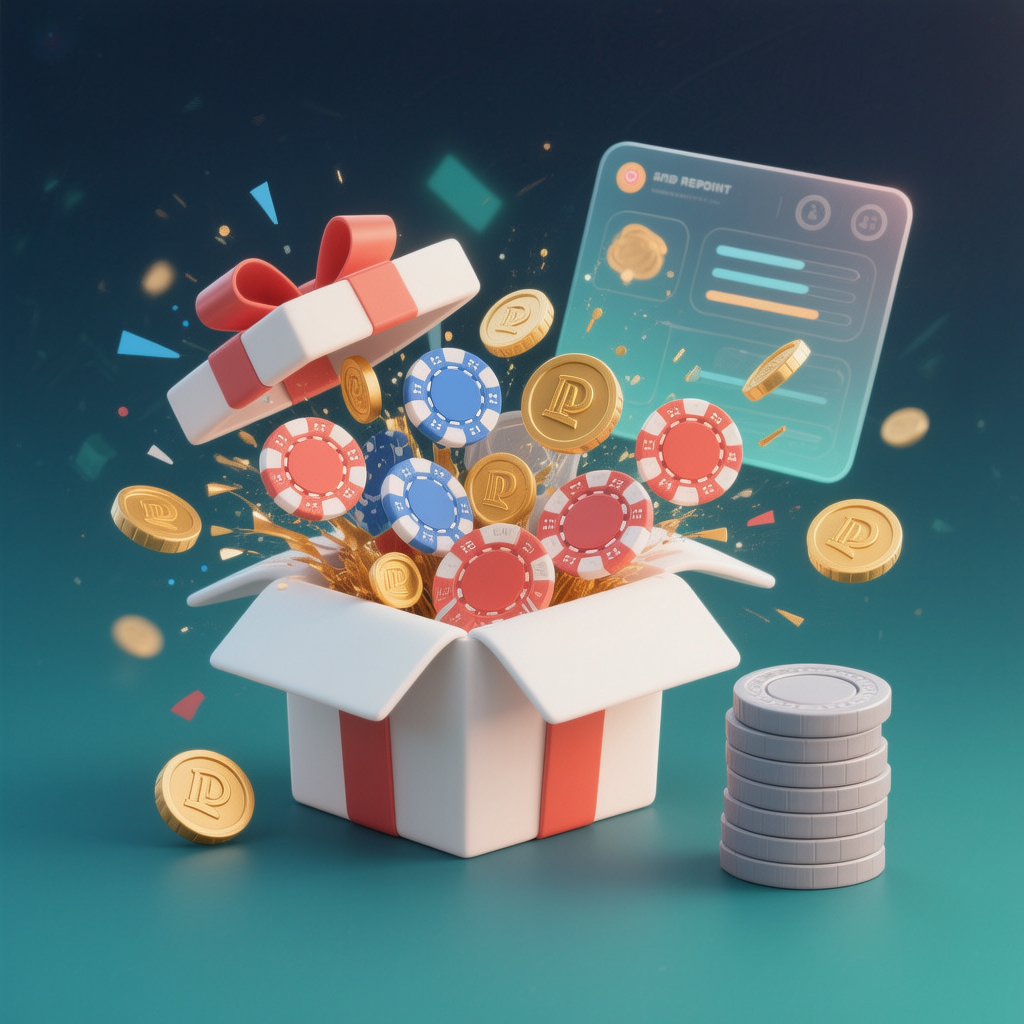 Caixa de presente explodindo com fichas e moedas em BRL, simbolizando bônus de cassino sem depósito.