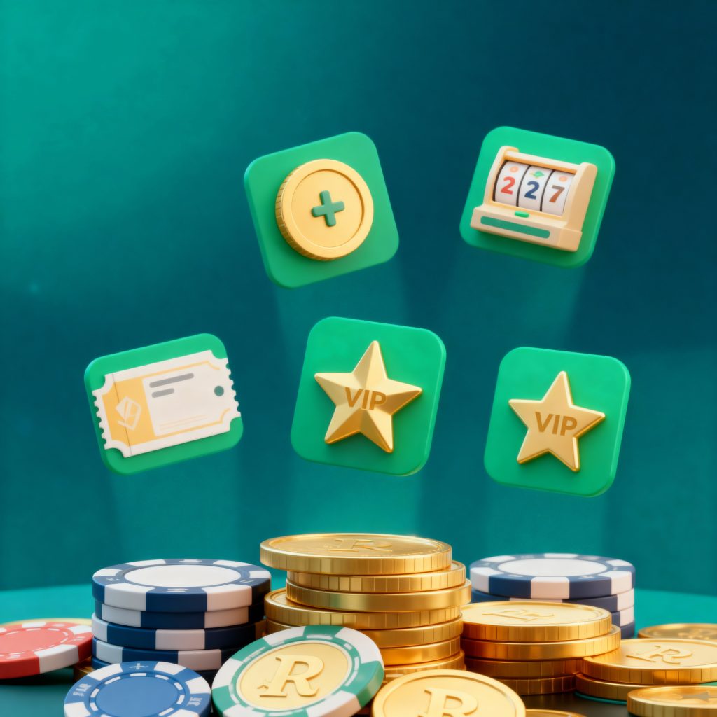 Ícones de dinheiro bônus, rodadas grátis, voucher e estrela VIP representando os tipos de bônus sem depósito em cassinos online.