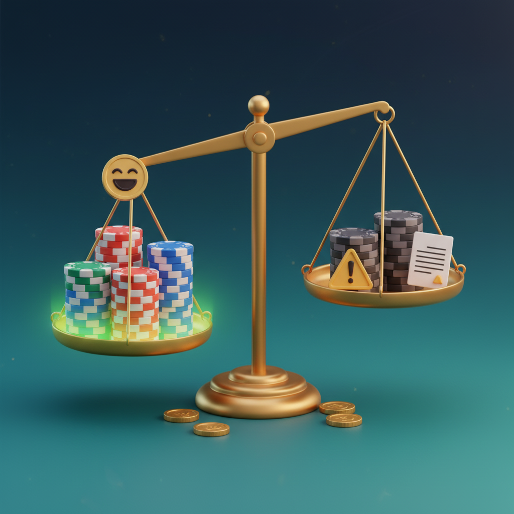 Balança com fichas e ícone feliz de um lado e triângulo de aviso com documento do outro, mostrando vantagens e desvantagens dos bônus sem depósito.