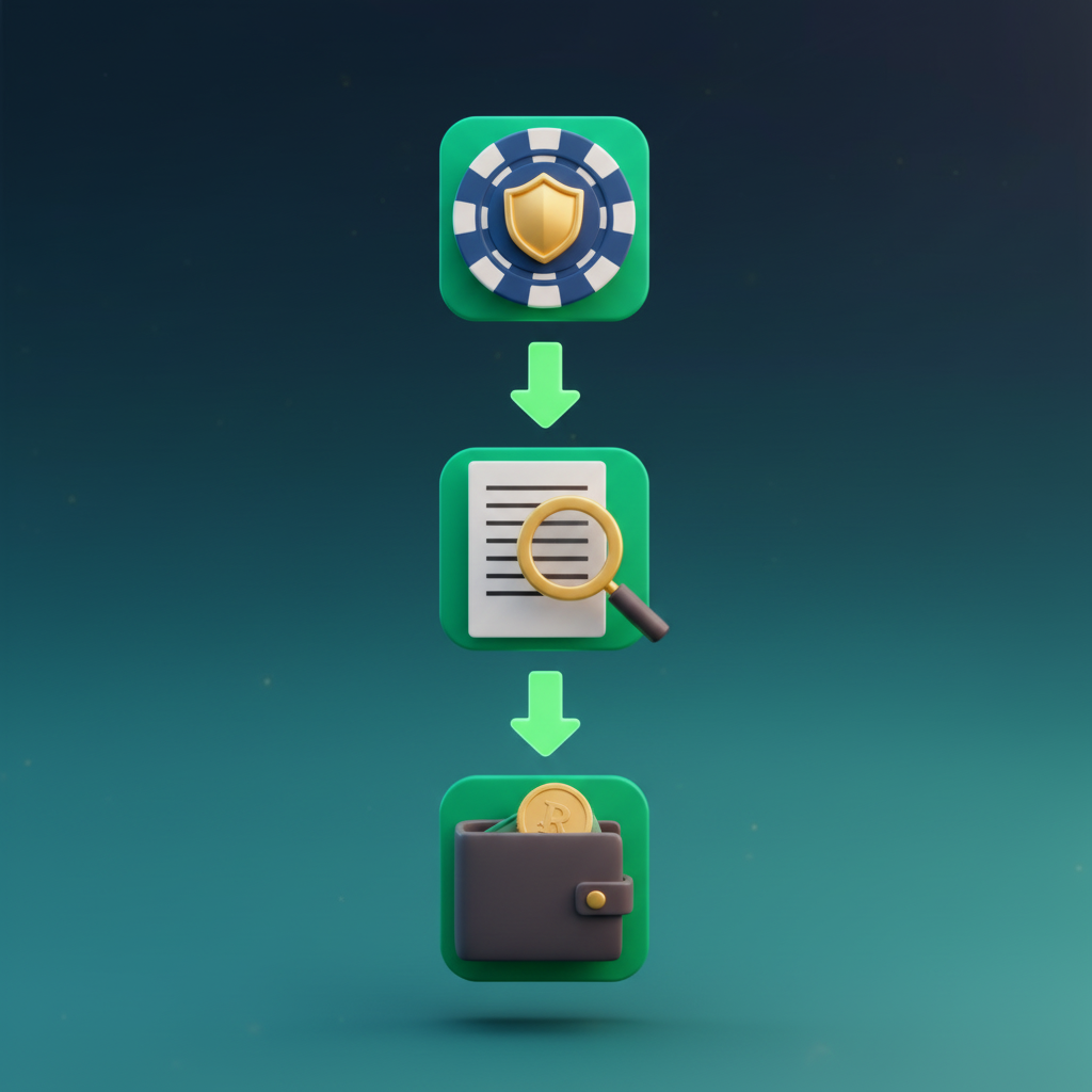 Fluxo em três passos com escudo, documento e carteira recebendo moedas, explicando como usar bônus sem depósito com segurança.