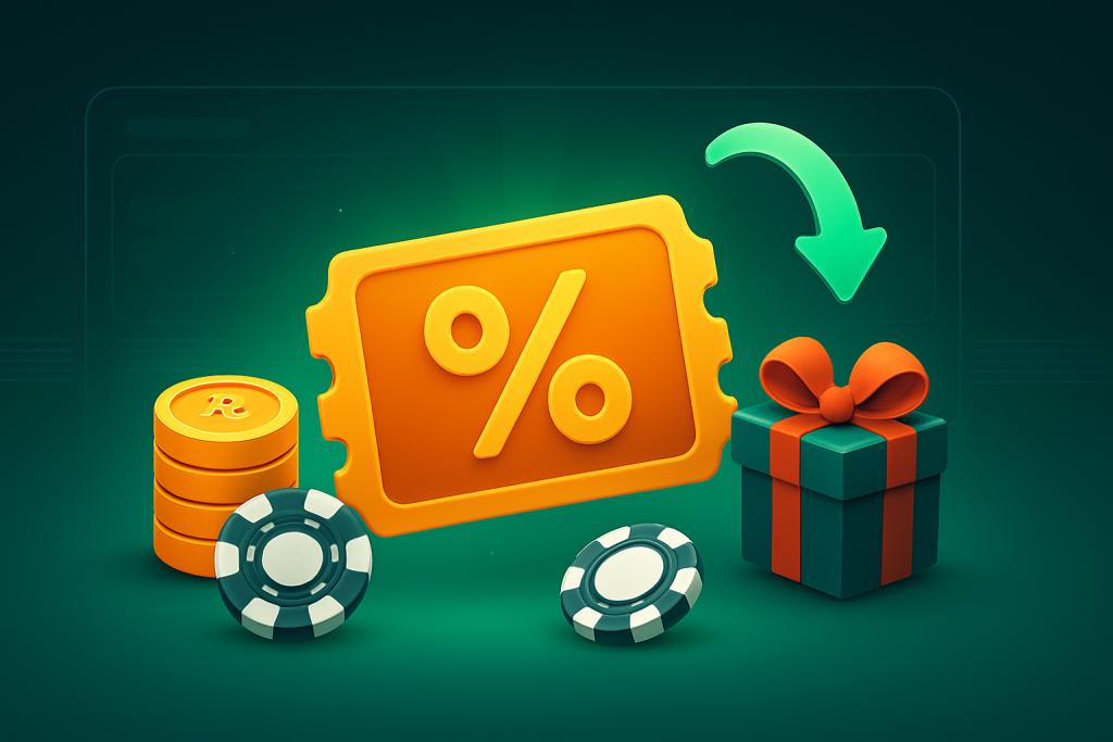 Cupom de bônus cercado por fichas, moedas em BRL, símbolo de porcentagem, caixa de presente e seta de cashback, representando bônus de cassino online.