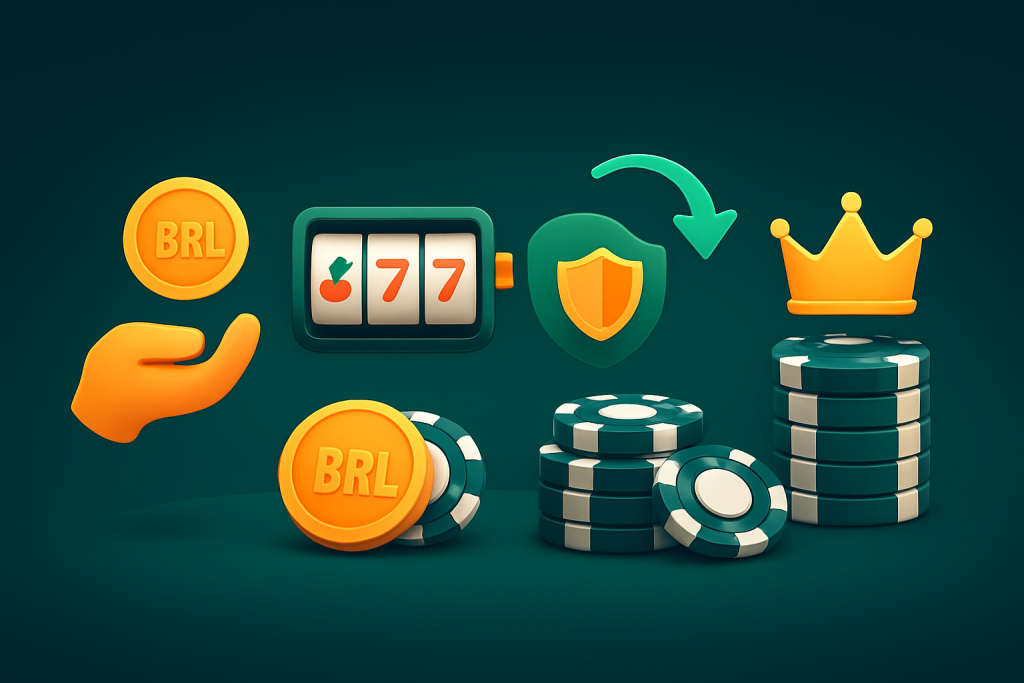 Ícones de bônus de boas-vindas, recarga, cashback, rodadas grátis e programa VIP representando os principais tipos de bônus de cassino.