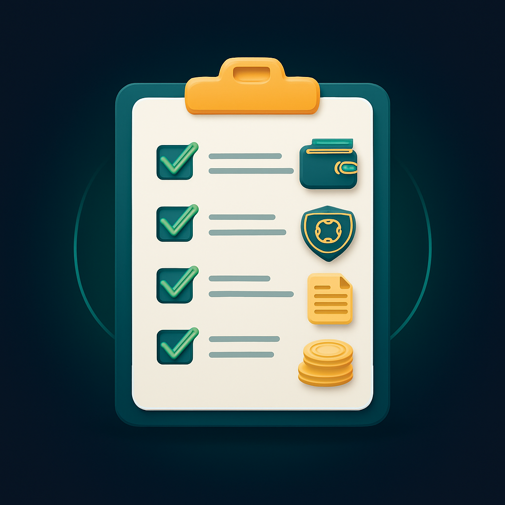 Quadro de checklist com carteira, ficha protegida, documento, pilha de moedas e barra de progresso, mostrando o passo a passo para usar bônus de cassino com segurança.