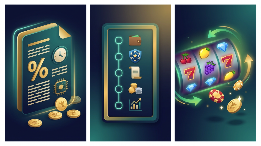 Rolo de slot girando com fichas e moedas em BRL ao redor, representando bônus de rodadas grátis em cassinos online.