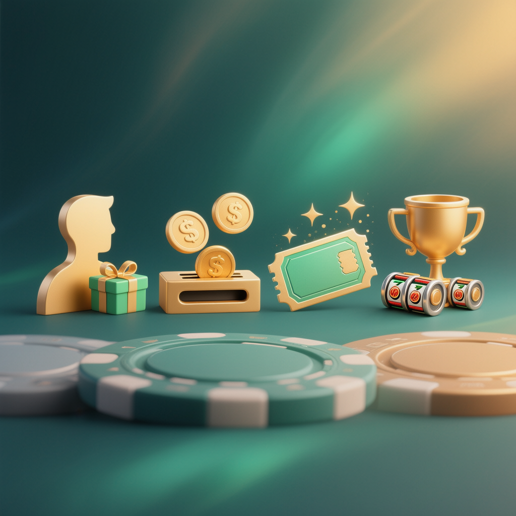 Ícones de rodadas grátis no registro, com depósito, sem depósito e em torneios, representando os principais tipos de bônus de rodadas grátis.