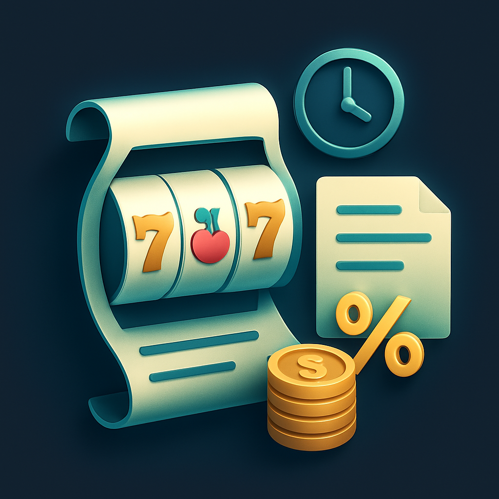Rolo de slot em forma de pergaminho com documento, relógio, porcentagem e pilha de moedas, explicando os termos importantes das rodadas grátis.