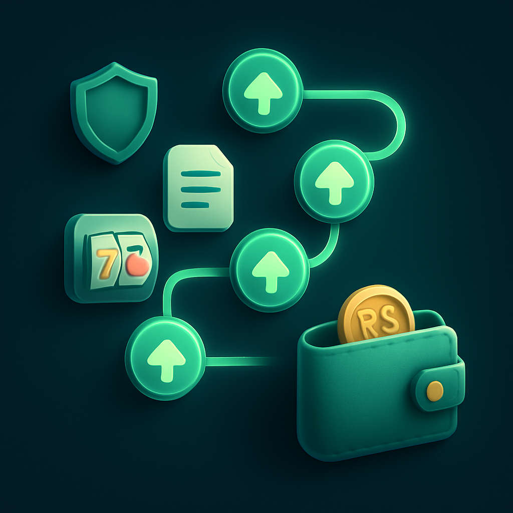 Caminho de botões de giro levando até uma carteira com moedas em BRL, mostrando o passo a passo para aproveitar rodadas grátis com segurança.