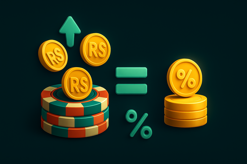 Pilha de fichas e moedas com setas de ganhos e perdas, símbolo de porcentagem e pequena pilha de moedas brilhante, mostrando como o cashback é calculado.