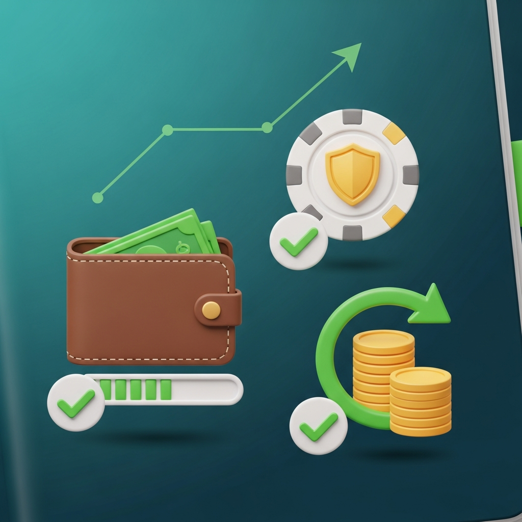 Painel com carteira, ficha protegida e seta de cashback sobre moedas, representando o passo a passo para usar cashback de forma inteligente.