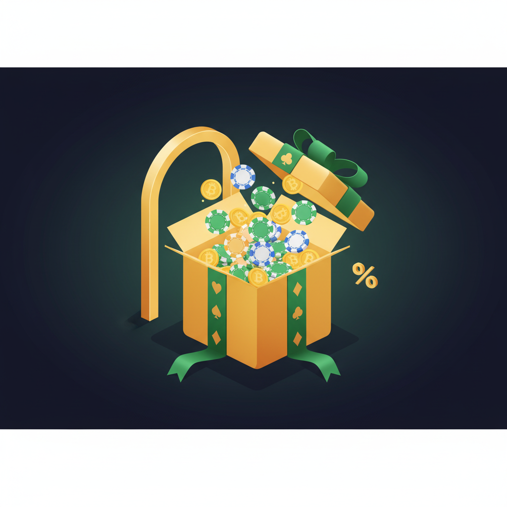 Caixa de presente de boas-vindas explodindo com fichas e moedas em BRL diante de uma porta aberta, representando bônus de boas-vindas em cassinos.