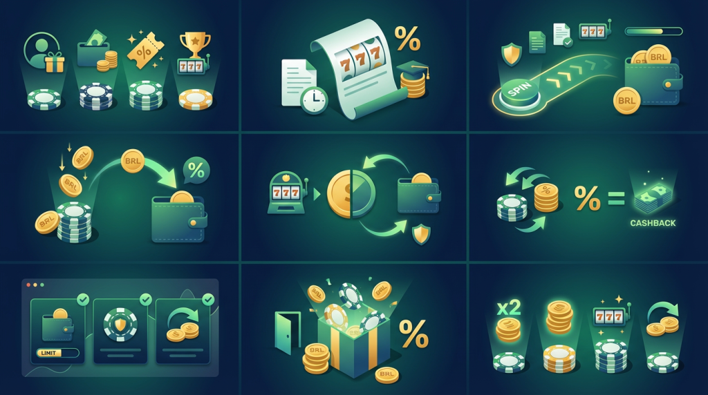 Ícones de bônus de depósito proporcional, pacote de vários depósitos, rodadas grátis e cashback de boas-vindas, representando os principais tipos de bônus de boas-vindas.