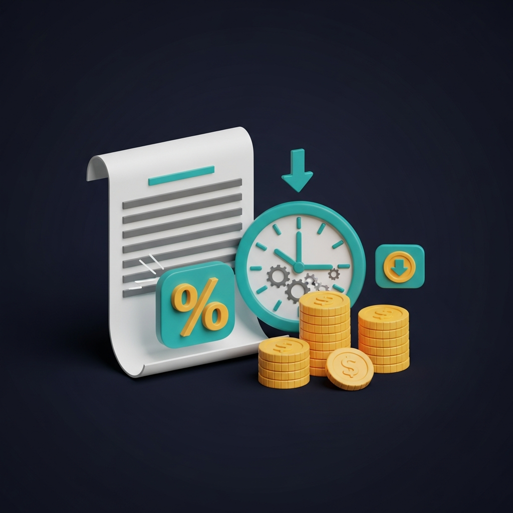 Documento com símbolo de porcentagem, relógio, pilha limitada de moedas e moeda com seta para baixo, explicando os termos mais importantes do bônus de boas-vindas.