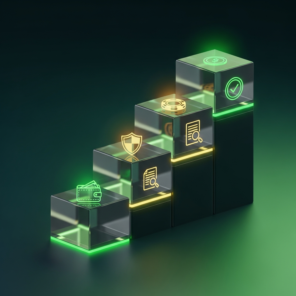 Escada em quatro passos com ícones de carteira, ficha protegida, documento e ficha com check, mostrando como usar bônus de boas-vindas com segurança.