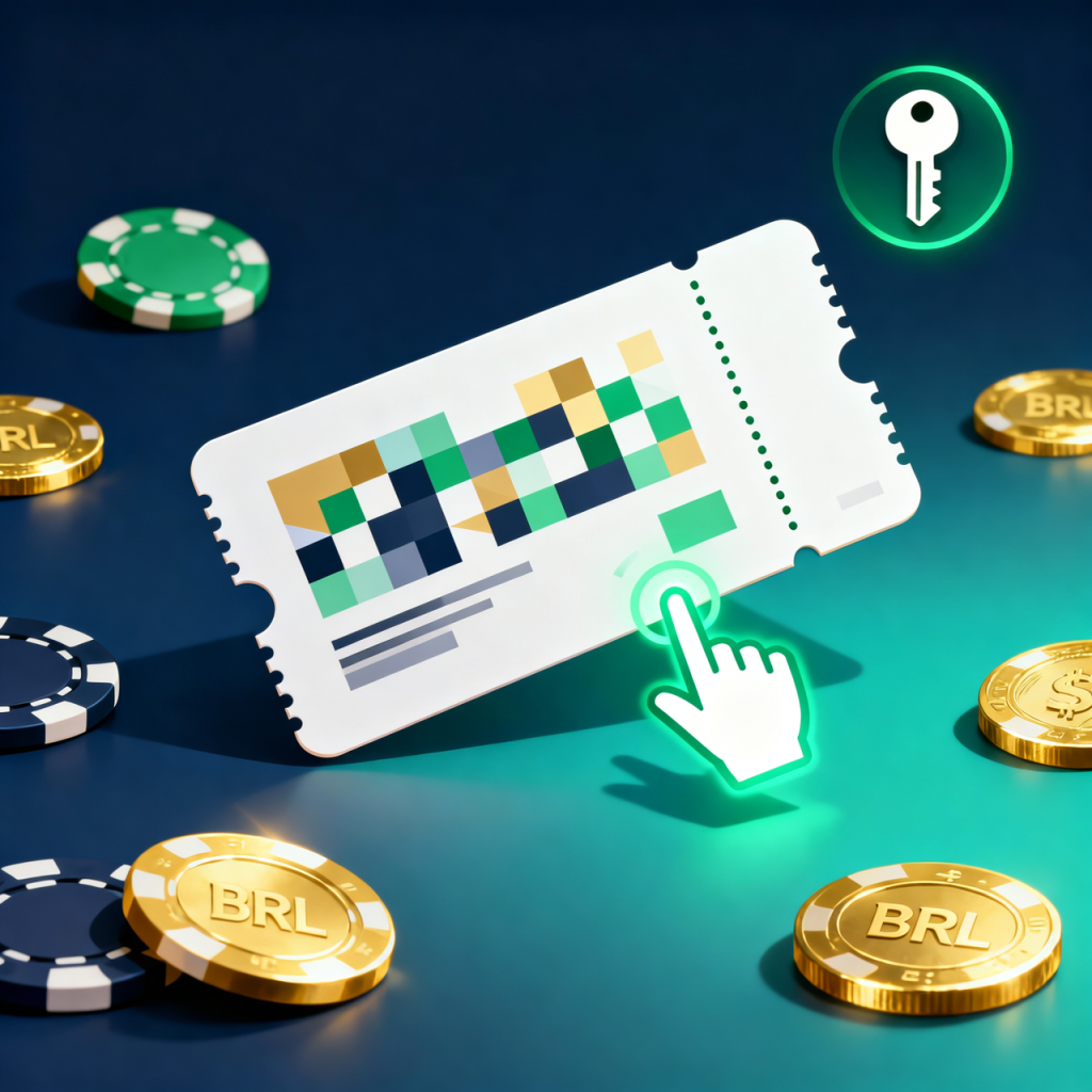 Cupom de código de bônus cercado por fichas, moedas em BRL e ícone de chave, representando códigos de bônus de cassino.