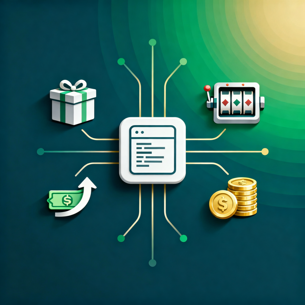 Campo de código ligado a ícones de presente, slot, cashback e pilha de moedas, explicando o que é um código de bônus de cassino.