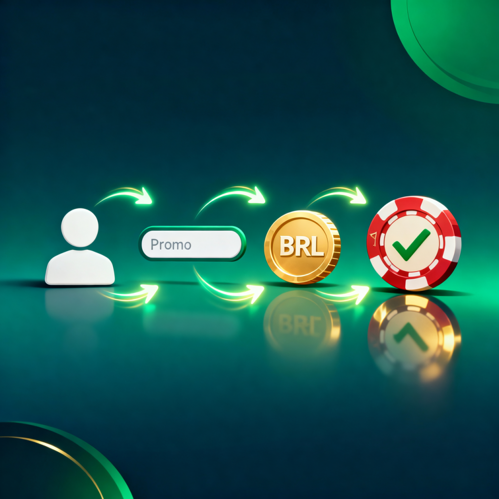 Fluxo em quatro passos com perfil, campo de código, depósito em BRL e ficha com check, mostrando como usar um código de bônus de cassino passo a passo.