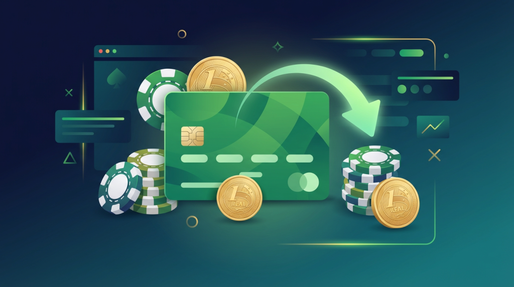 Cartão de crédito cercado por fichas e moedas em BRL diante de um cassino online estilizado, representando depósitos com cartão de crédito.