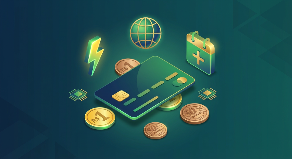 Cartão de crédito com ícones de rapidez, pagamento depois e aceitação internacional, mostrando as vantagens de usar cartão no cassino online.