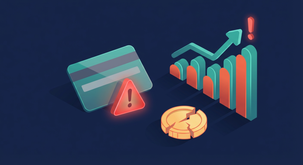 Cartão de crédito com triângulo de aviso, gráfico de dívida subindo e moeda quebrada, representando os riscos de usar cartão no cassino.