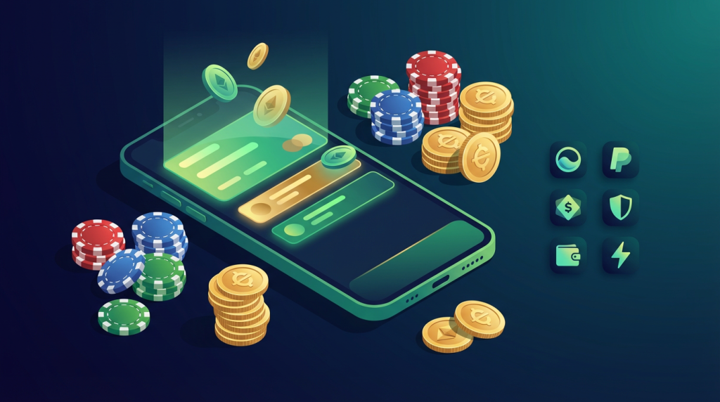 Celular com app de carteira digital e ícones de várias carteiras cercados por fichas e moedas em BRL, representando carteiras digitais em cassinos online.