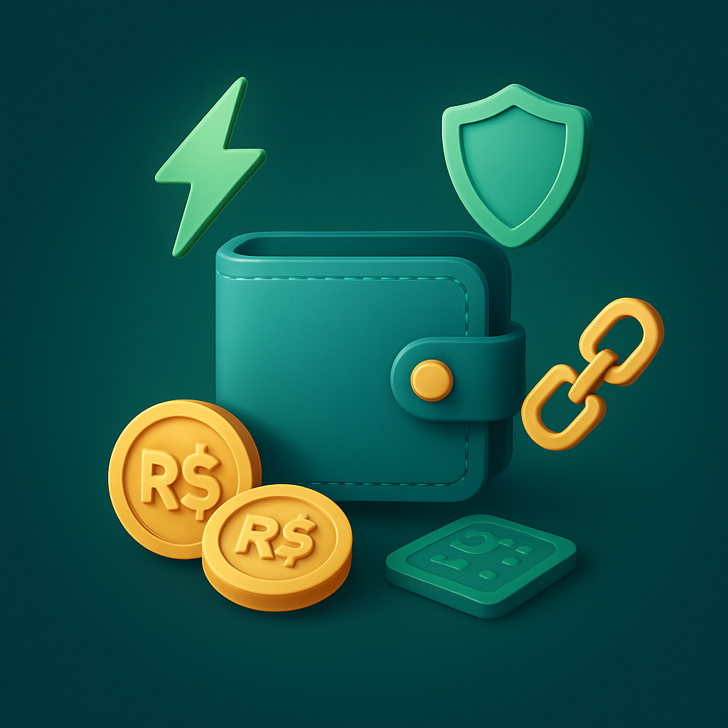 Ícone de carteira digital com símbolos de rapidez, segurança e separação do banco, mostrando as vantagens de usar carteiras digitais no cassino.