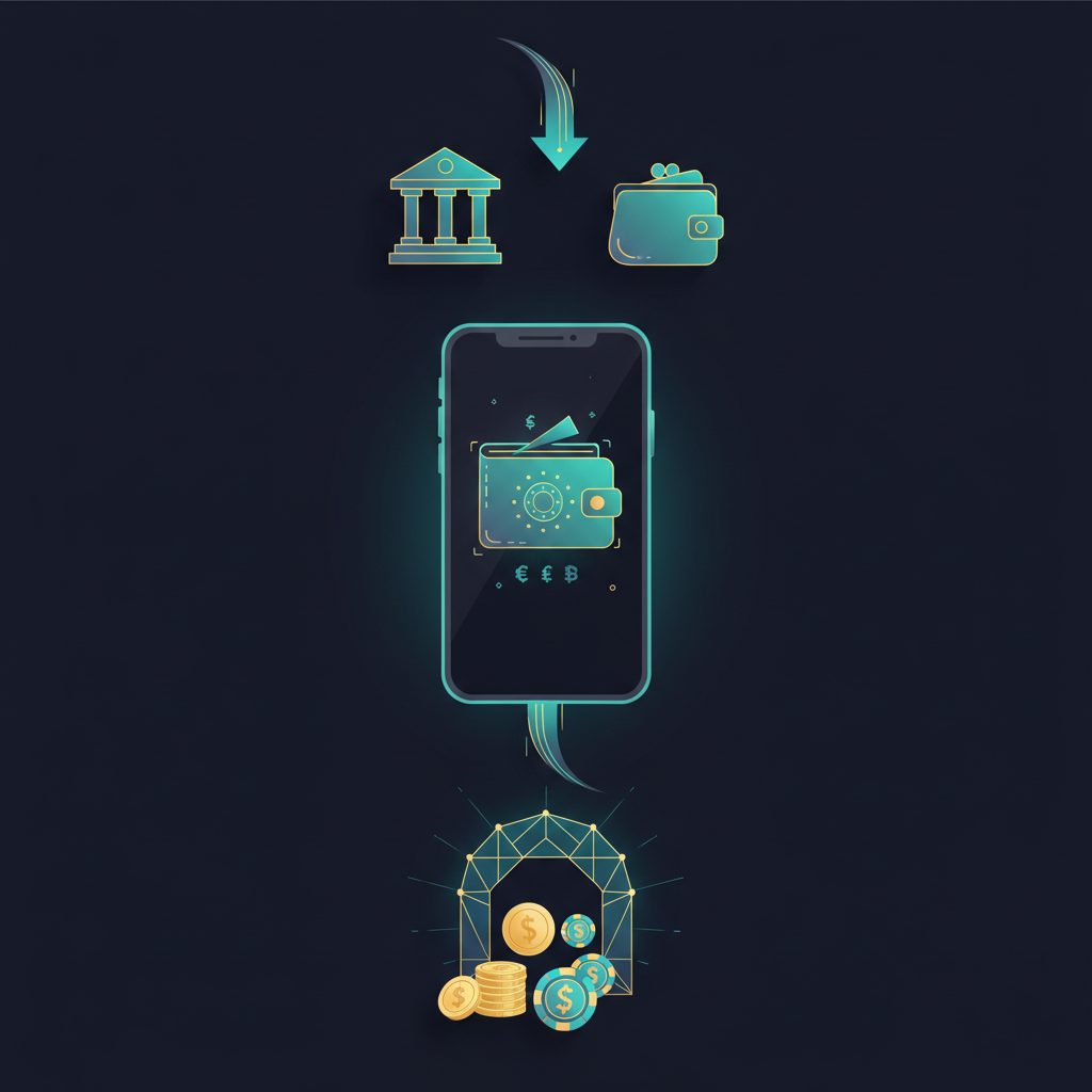Fluxo do banco para a carteira digital e depois para fichas de cassino, explicando como depositar com carteiras digitais.