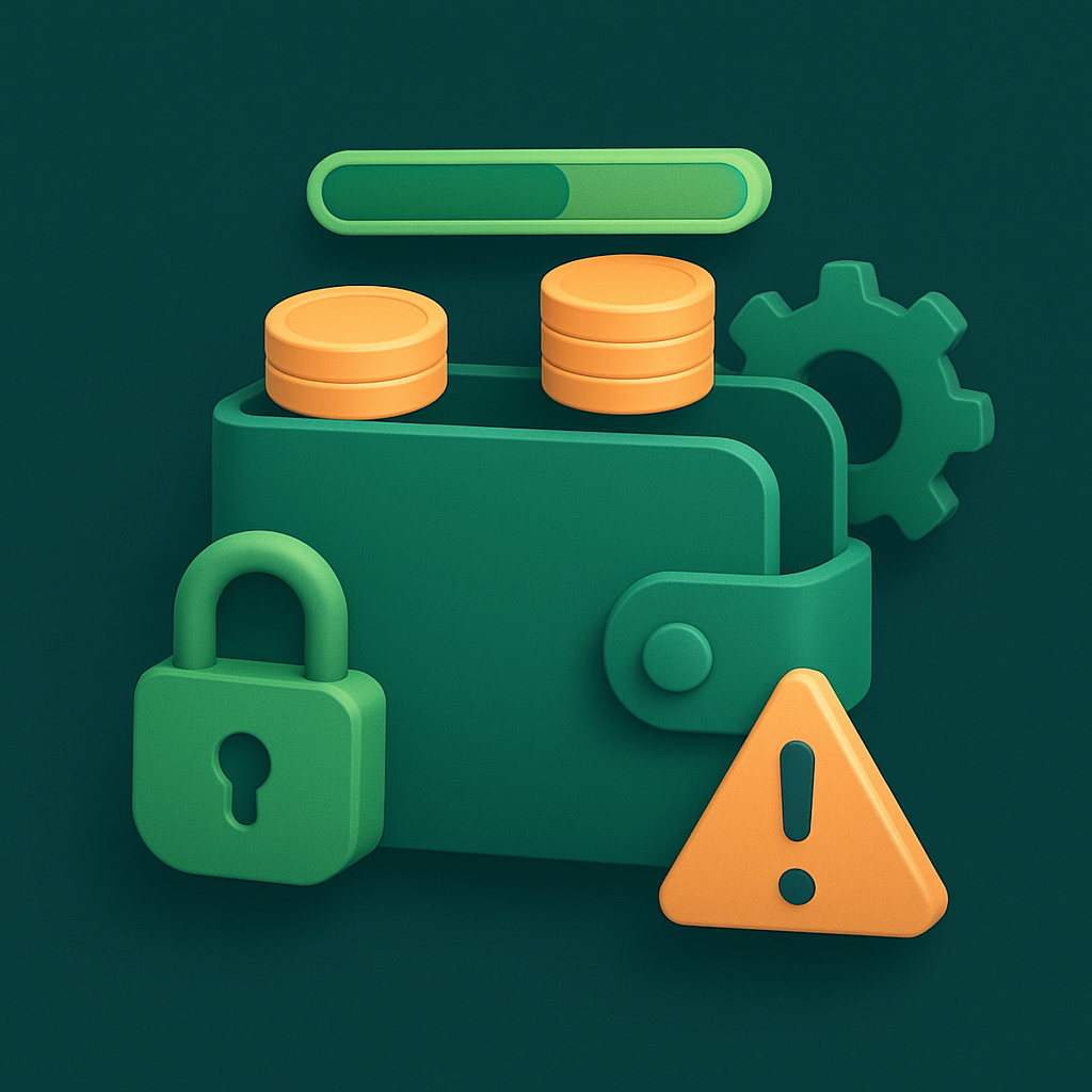 Carteira digital com cadeado, barra de limite e triângulo de aviso, mostrando cuidados e limites ao usar carteiras digitais no cassino.