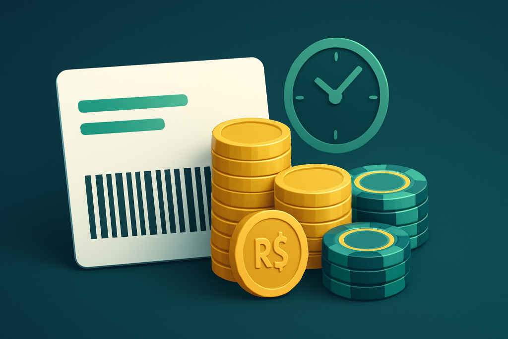 Boleto bancário com código de barras ao lado de moedas em BRL, fichas e relógio, representando depósitos com boleto em cassinos online.