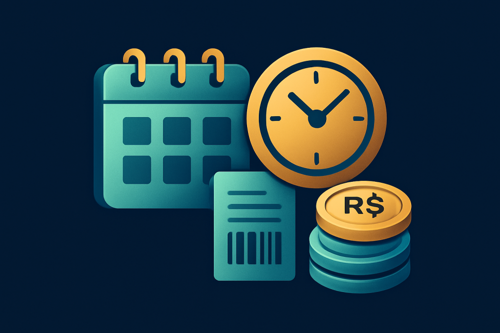 Calendário, relógio, boleto e pilha limitada de moedas em BRL, mostrando prazos, limites e taxas dos boletos em cassinos.