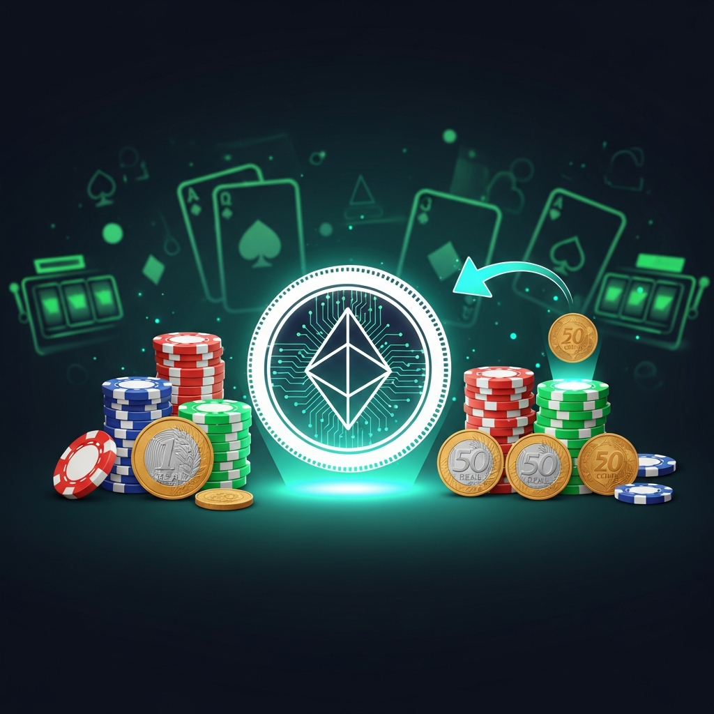 Moeda de criptomoeda genérica brilhando ao lado de fichas e moedas em BRL diante de um cassino online, representando cripto cassinos.