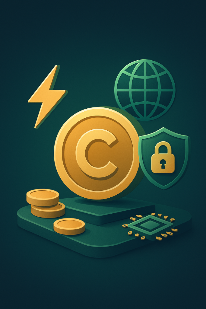 Ícone de criptomoeda cercado por símbolos de rapidez, segurança e acesso internacional, mostrando as vantagens de jogar em cripto cassinos.