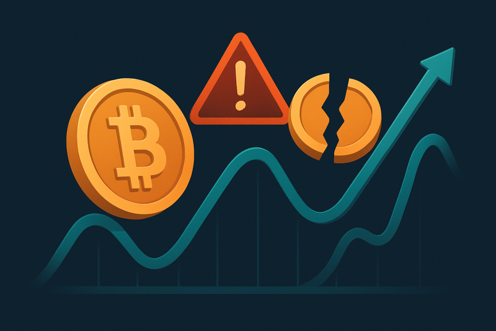 Moeda de criptomoeda sobre gráfico em montanha-russa com triângulo de aviso e moeda partida, representando os riscos e a volatilidade das criptos em cassinos.