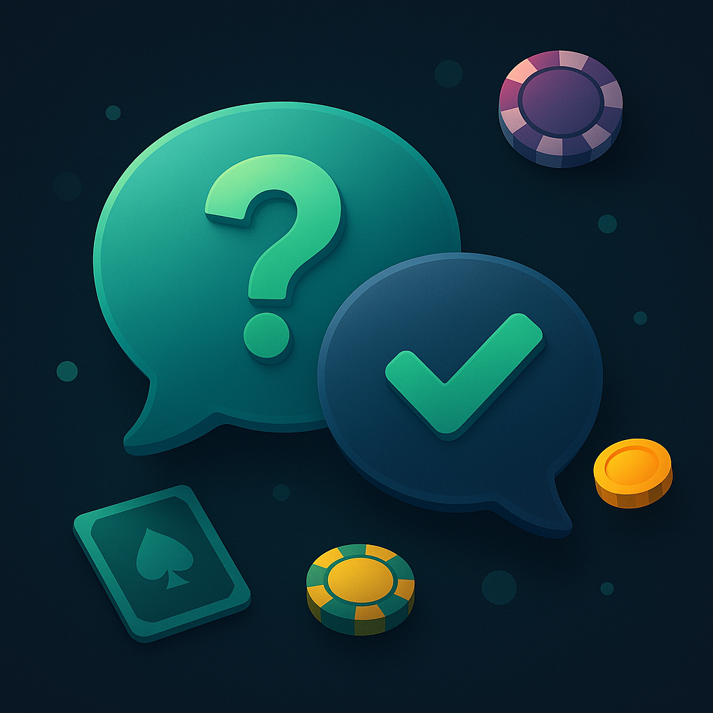 Bolhas de conversa com ponto de interrogação e check, cercadas por fichas de cassino, representando a seção de FAQ sobre cassinos online.