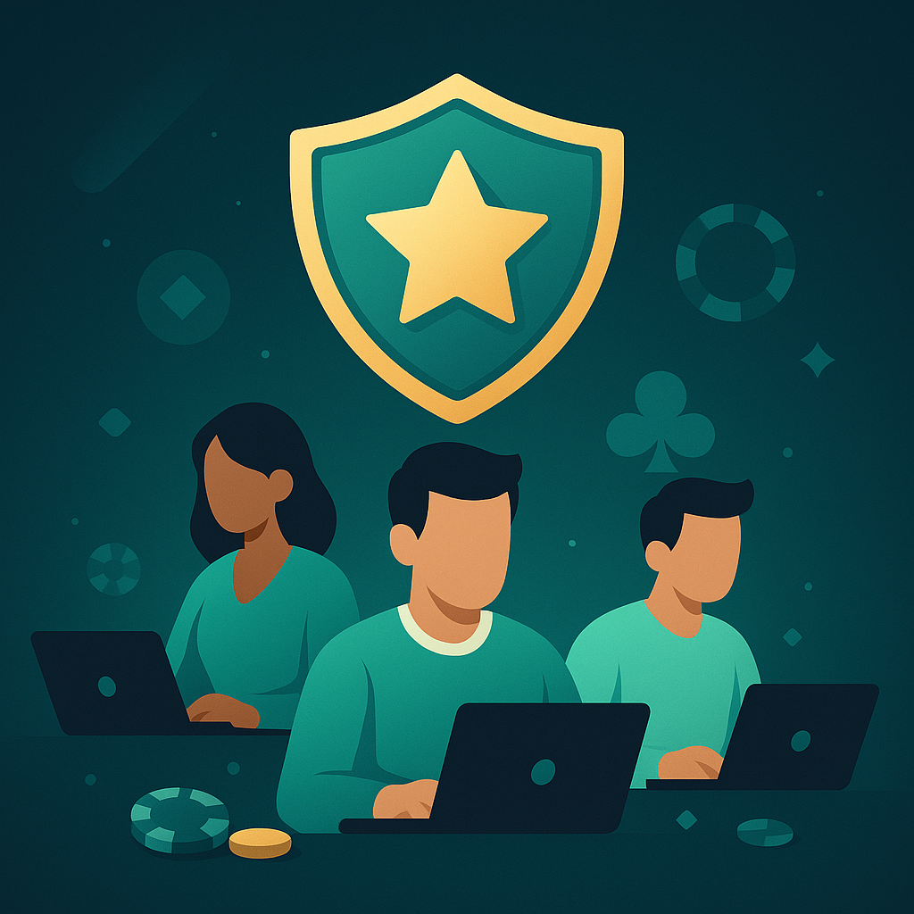 Equipe de especialistas trabalhando em laptops sob um escudo com estrela, simbolizando a confiança no CasinoGameGuru.