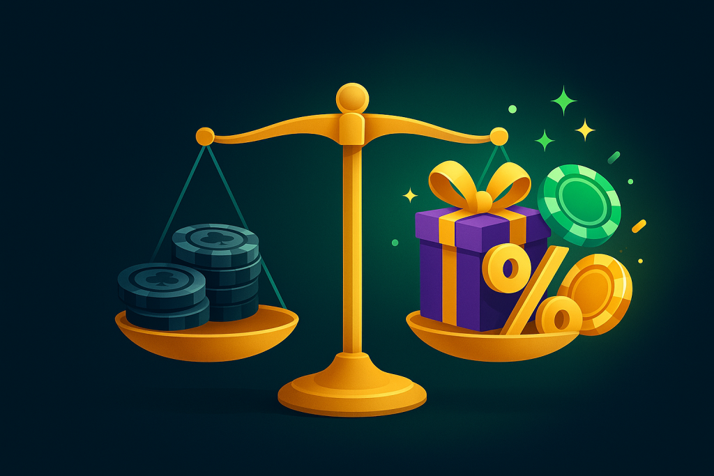 Balança com fichas tradicionais de um lado e caixa de bônus com símbolo de porcentagem do outro, mostrando as vantagens dos novos cassinos.