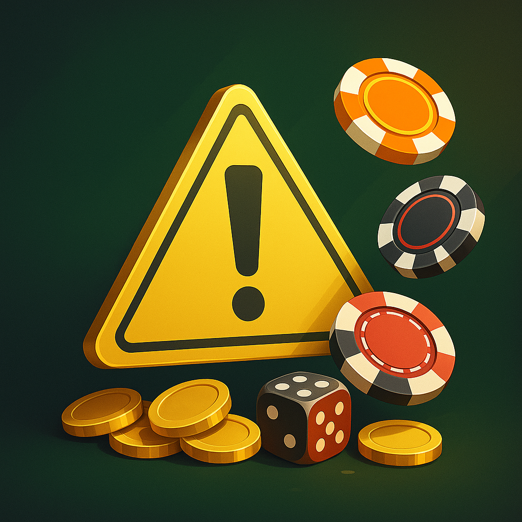 Placa de aviso em forma de triângulo com fichas e moedas de cassino ao redor, simbolizando os riscos de novos cassinos online.