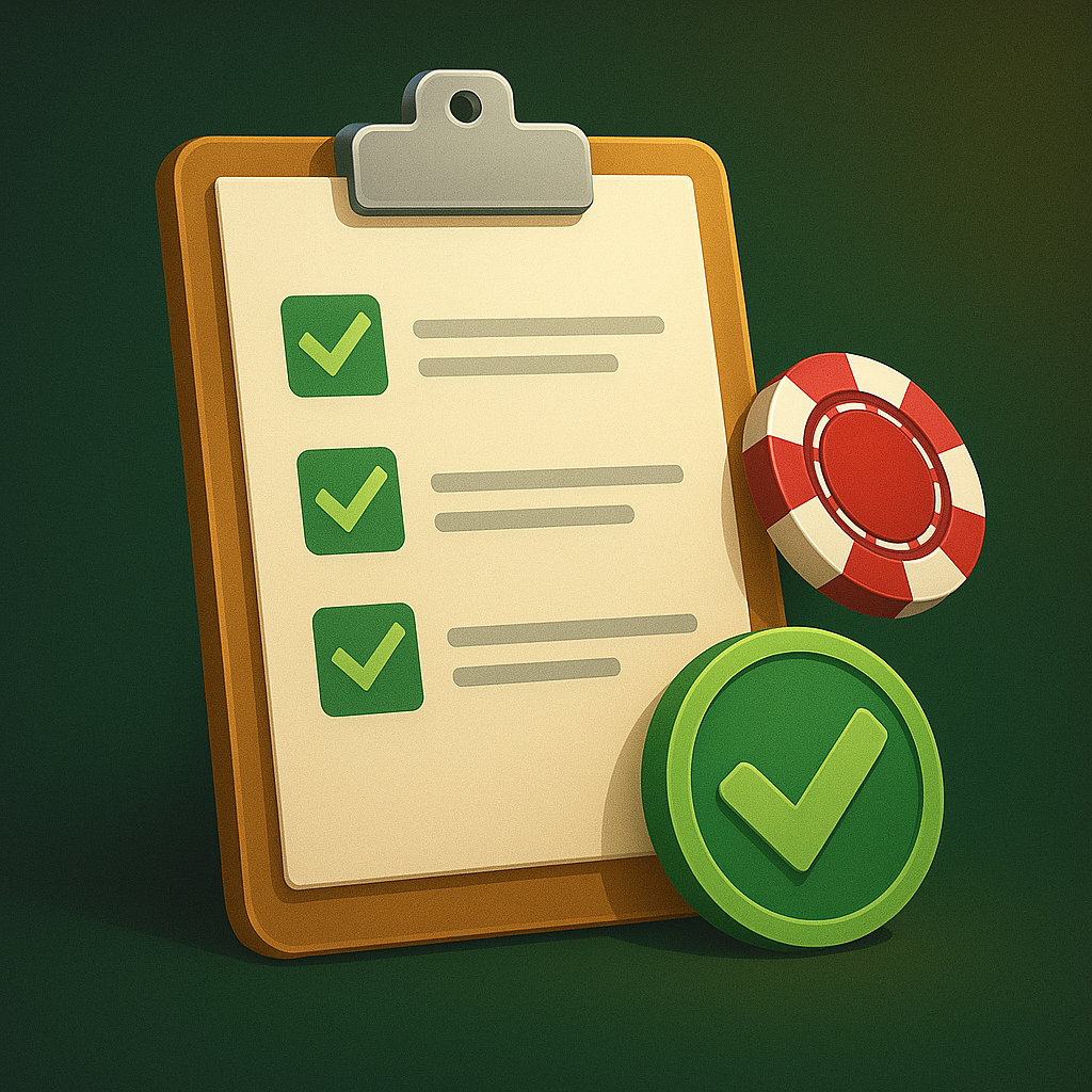 Prancheta com checklist marcado e ficha de cassino ao lado, representando os critérios para avaliar novos cassinos online.