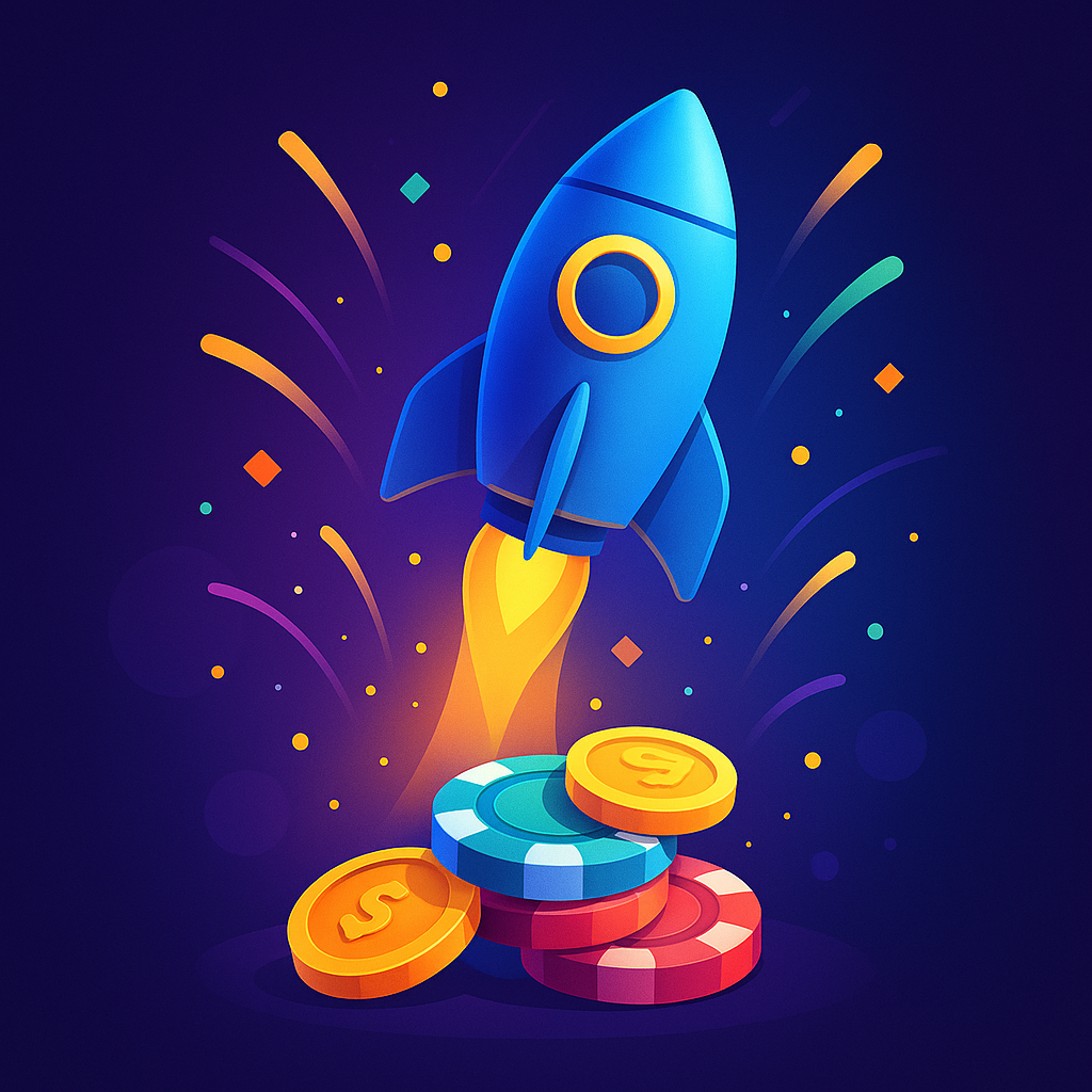 Foguete decolando de fichas de cassino representando novos cassinos online em 2025.
