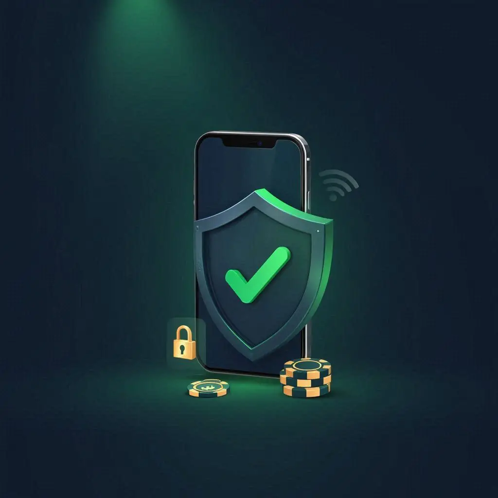 Smartphone protegido por escudo com check, cadeado, símbolo de Wi-Fi e moedas em BRL, representando segurança em cassinos mobile.