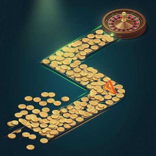 Caminho longo feito de várias moedinhas em BRL levando até uma roleta, com triângulo de aviso ao lado, mostrando o risco de muitos depósitos pequenos sem controle.