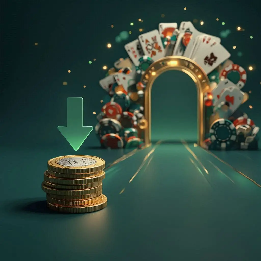 Pequena pilha de moedas em BRL com seta verde para baixo diante de um cassino estilizado, representando cassinos com depósito mínimo baixo.