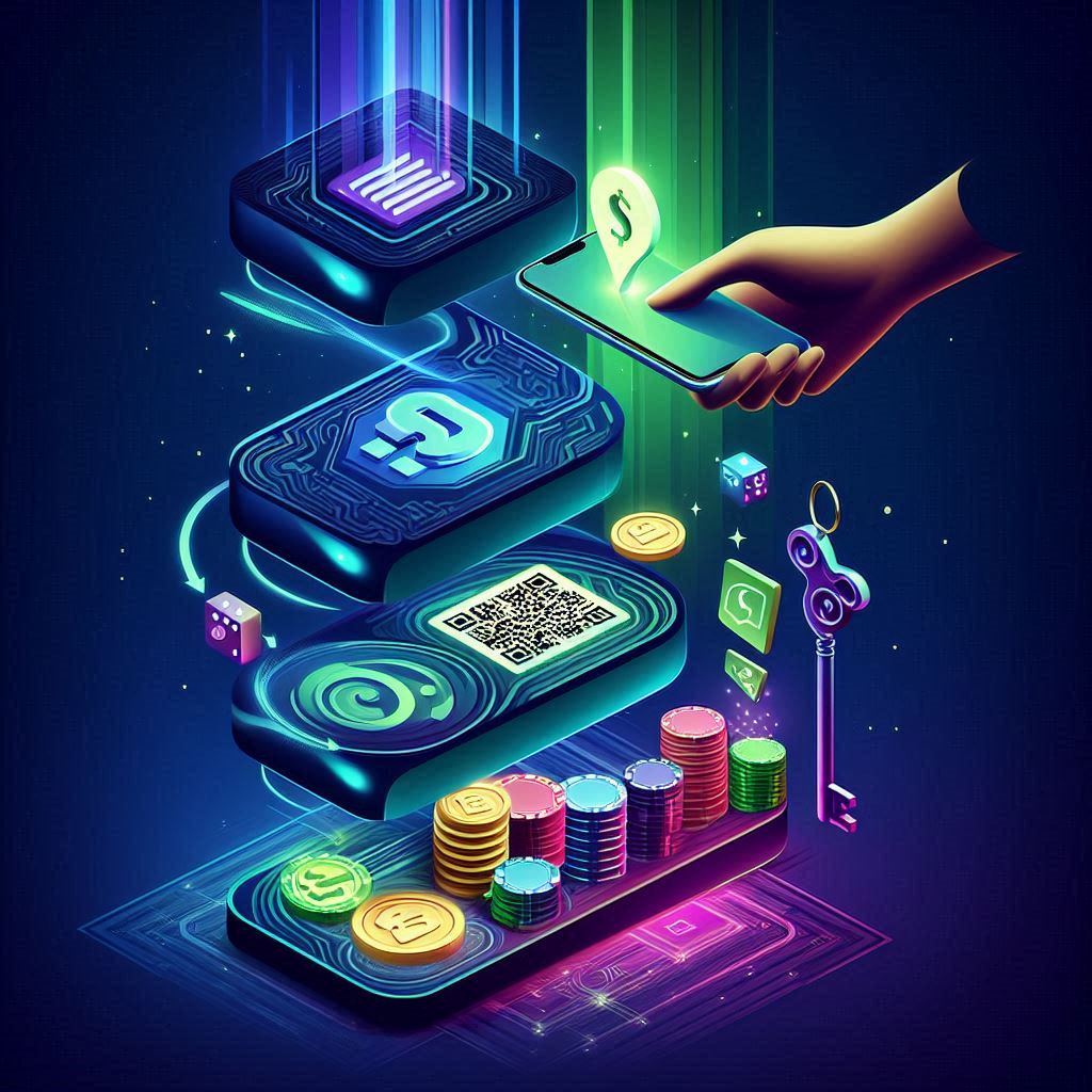 Fluxo passo a passo com celular, QR code e moedas em BRL caindo em fichas de cassino, explicando como depositar via Pix.