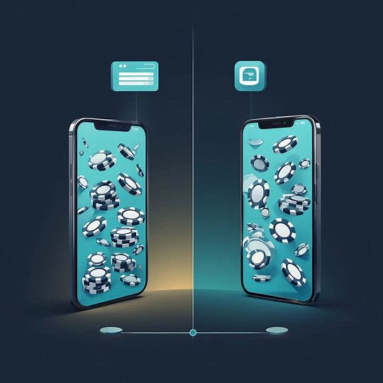 Dois smartphones lado a lado, um com ícone de navegador e outro com ícone de app, ambos com fichas de cassino na tela, comparando aplicativo e navegador mobile.