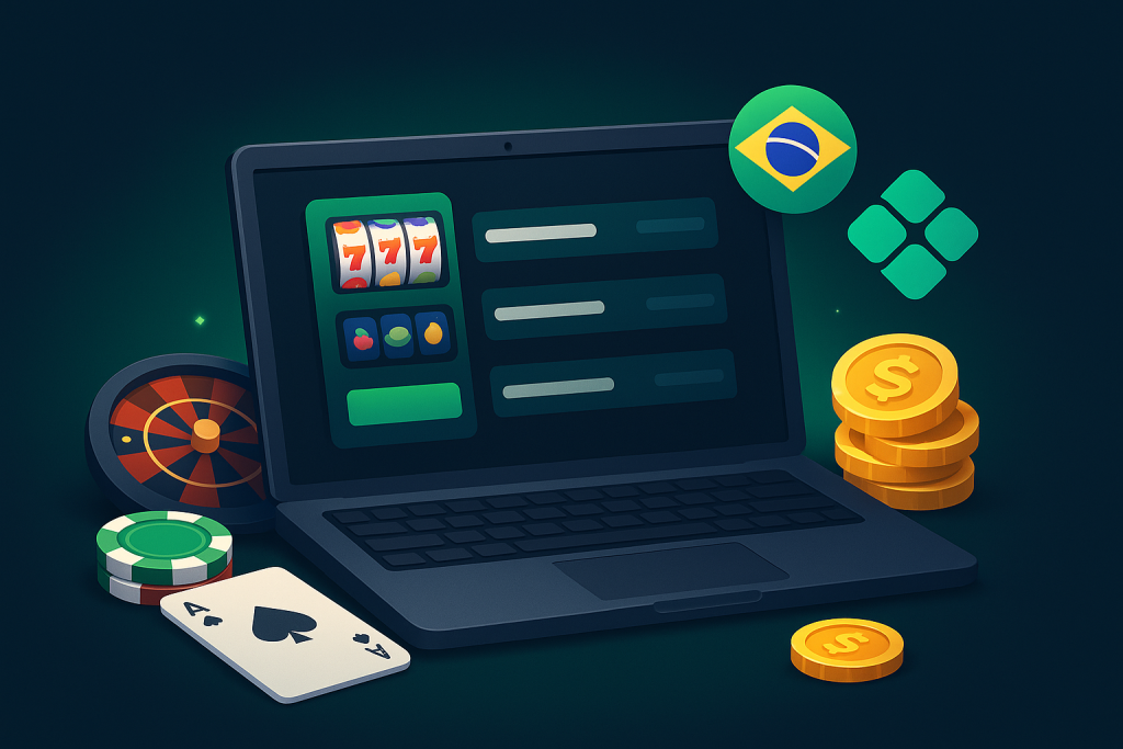 Ilustração de um laptop comparando cassinos online com bandeira do Brasil, fichas e ícone de pagamento.