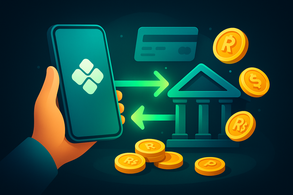 Mão segurando celular enviando dinheiro para um banco com moedas em BRL, representando pagamentos e saques via Pix.