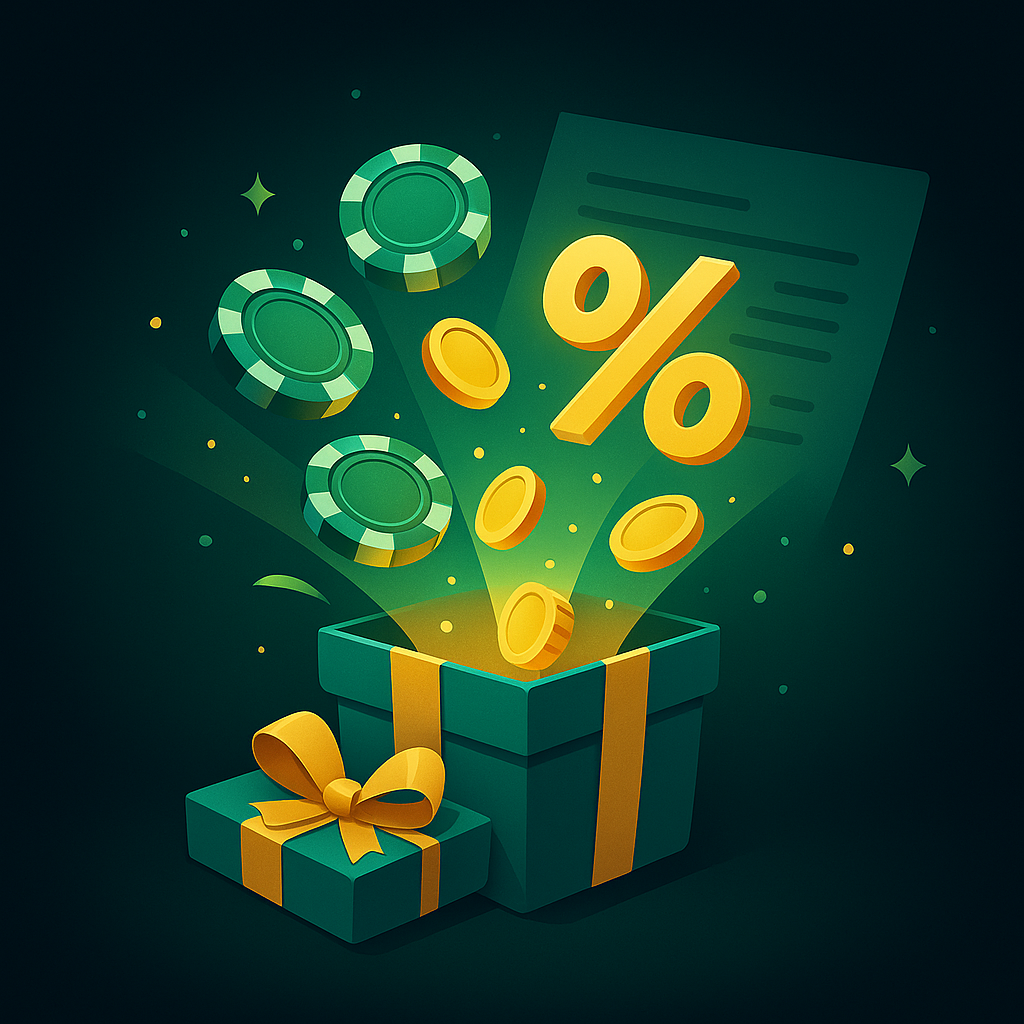 Caixa de presente explodindo com fichas, moedas de cassino e símbolo de porcentagem, com documento ao fundo representando termos de bônus.