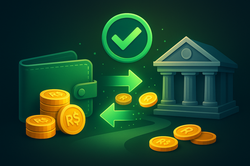 Carteira recebendo moedas em BRL de um banco com setas brilhantes e check verde, representando cassinos que pagam de verdade.