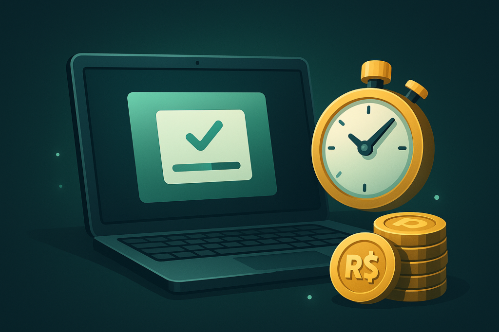 Laptop com pedido de saque aprovado, cronômetro e moedas em BRL, simbolizando testes reais de velocidade de pagamento.